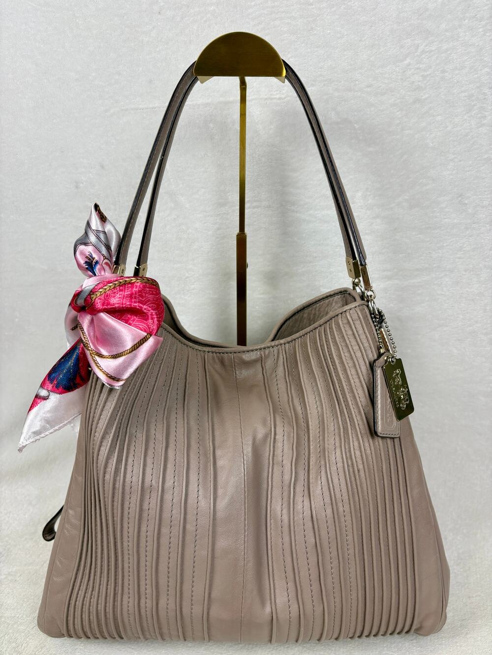 Coach Madison Pintuck Leather Cafe Carryall Satchel in Grey/Taupe with Scarf
